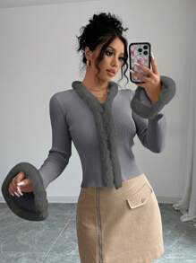 SHEIN Unity Women Turtleneck Contrasting Patchwork Long Sleeve Fitted Cardigan Sweater, Autumn/Winter Fall Cloth For Women - Dark Grey - View 6