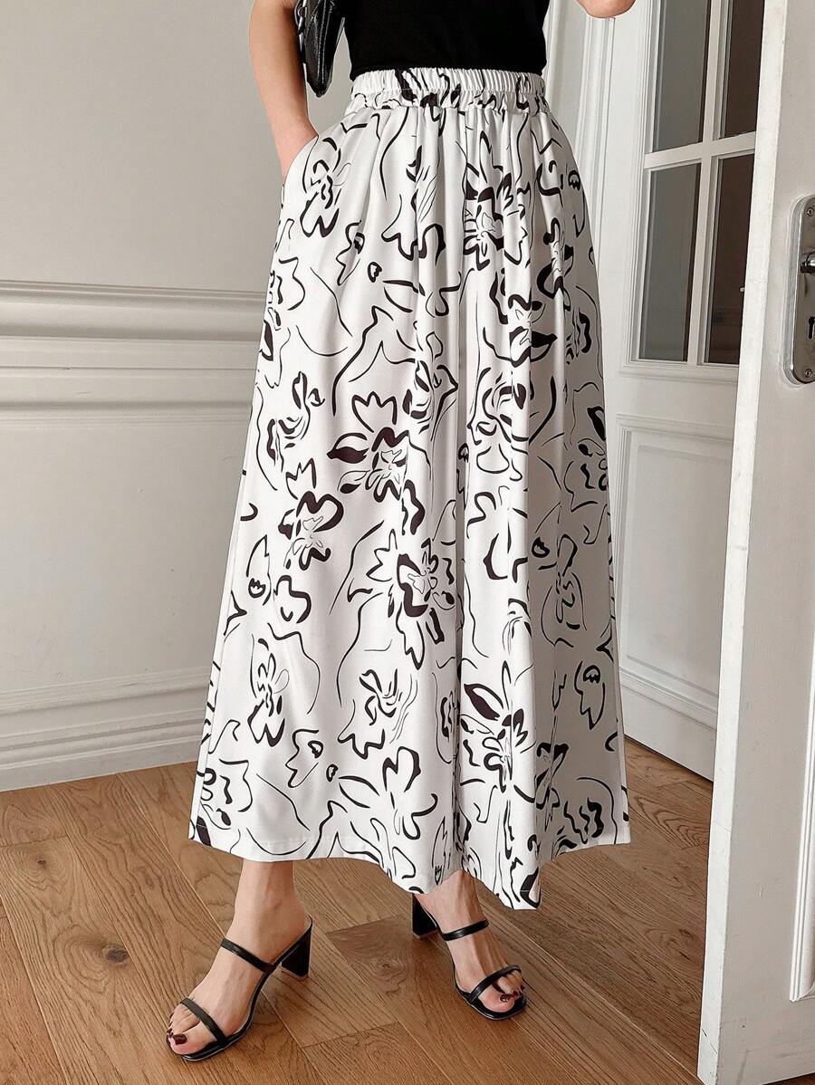 DAZY بناطيل كولوت برباط مرتخي مزخرفة بطباعة الأزهار للنساء، طول الكاحل، مناسبة للربيع والصيف - أبيض - مشاهدة 1