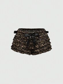 ROMWE J-Fashion 2pcs Y2K Sexy Women Set: Mesh Backless Bodycon Leopard Print Ruffle Shorts - Brown - View 5