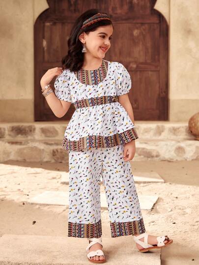 SHEIN 2pcs/Young Girl Casual Matching Mother-Daughter Floral Patchwork Shirt And Wide-Leg Pants Suit,Suitable For  Spring And Summer, Perfect For Family Gathering