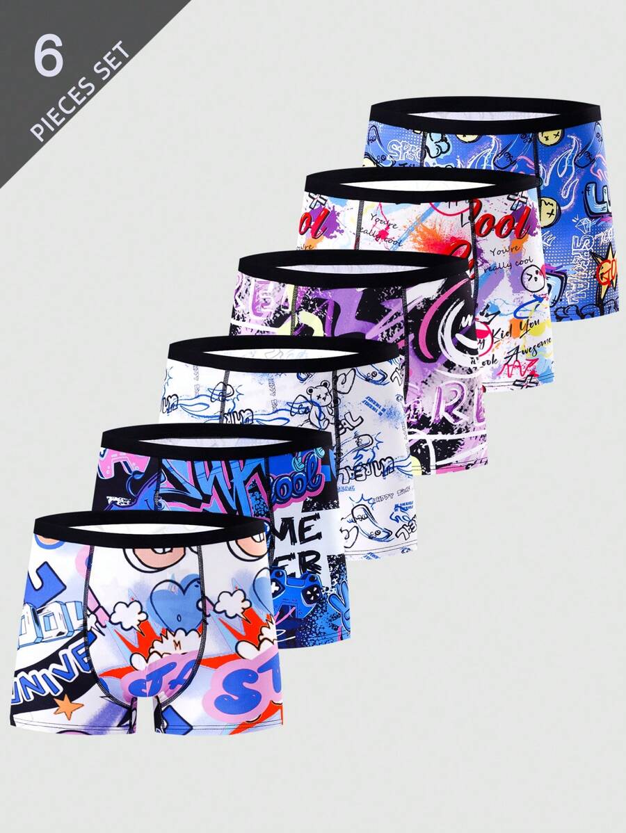 6pcs/Set Teenage Boys' Video Game Graffiti Gradient Relay Race Smiling Face Print Briefs, Cool Faces, Hearts, Stars, Wings, Bear Design