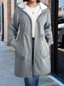 Plus Size Hooded Zipper Jacket Featuring Asymmetric Plaid Textured Fabric And Cinched Waist - Grey - View 6