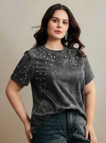 Anewsta Plus Size Women's Modern Distressed Wash Short T-Shirt - Dark Grey - View 5