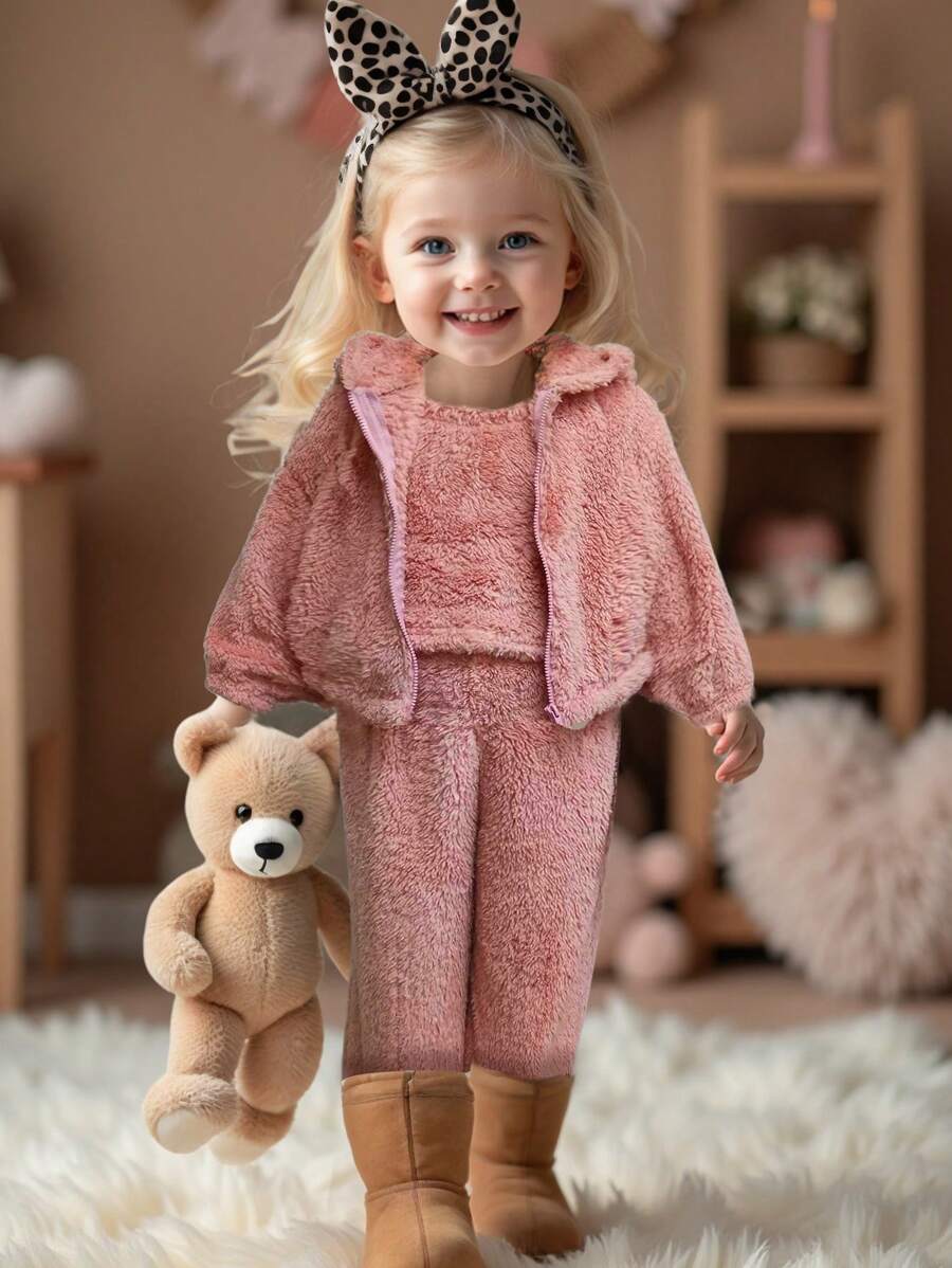 SHEIN 3-Piece Set: Knit Solid Color Furry Vest + Knit Cropped Hooded Cardigan + Knit Loose Fit Long Pants For Young Girls
