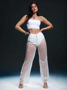 Denimoi Mixed Fabric Denim & Sheer Sequence Pants - White - View 4