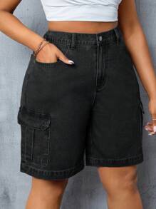 SHEIN Plus Size Button Front Pocket Design Casual Denim Shorts, Daily Wear - Dark Grey - View 3