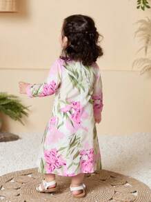 SHEIN Elegant Casual Daily Purple Iris Flower Lace Trim Long Sleeve Long Robe Dress For Baby Girl Infant Toddler 0-3 Years Old, Suitable For All Seasons - Purple - View 2