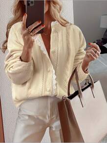 SHEIN LUNE New Autumn/Winter Casual Loose Sweet Gentle Lace Trim Fashion Design Women Cardigan Sweater - Apricot - View 1