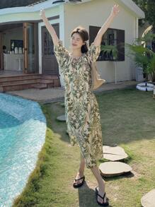 DAZY Women Summer Ditsy Floral Casual Beach Dress, Loose Fit Sundress Vacation Outfits Women - Green - View 6