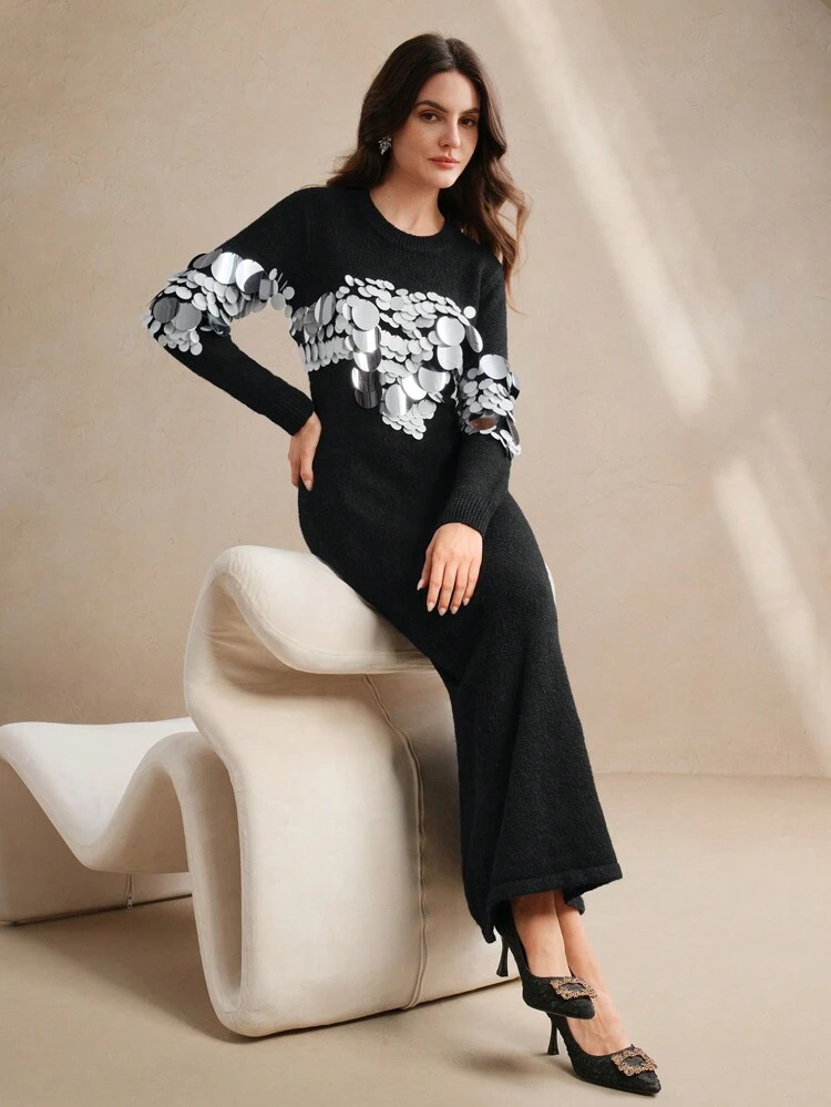 Hand-Sewn Pearl & Sequin Embellished Delicate Knitted Sweater Dress