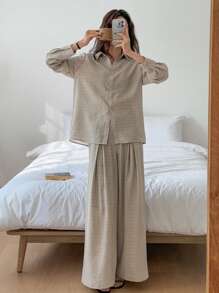DAZY 女士两件套商务休闲条纹衬衫和宽松长裤套装，夏季亚麻家居服套装 - 卡其色 - 查看 7