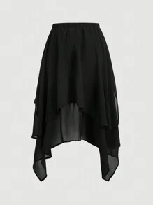 SHEIN MOD Jupe longue asymétrique à volants taille haute de couleur unie, été femme, jupe noire, jupe à ourlet asymétrique, jupe mi-longue - Noir - Voir 2