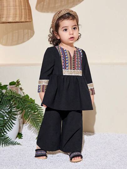 Travachic KIDS 女宝宝可爱春夏长袖上衣和松紧腰裤套装