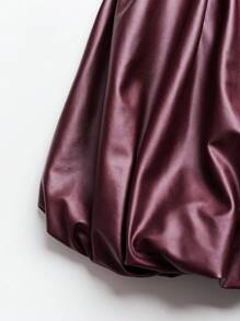 SHEIN Unity Women's PU Leather Solid Color Long Sleeve Ruffle Hem Bodycon Dress Fall Cloth For Women - Burgundy - View 3