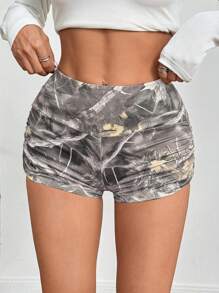 SHEIN EZwear 印花针织超短骑行短裤，简约时尚休闲日常穿着 - 杏色 - 查看 7