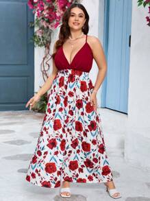 SHEIN VCAY Vestido maxi romántico para la playa con escote en V sin espalda, tirantes y parches con rosas rojas, para talla grande, para San Valentín - Rojo - Ver 6