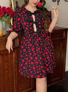 SHEIN Privé Rochie mini de petrecere elegantă pentru femei de mărimi plus mari, cu detalii de legare, mâneci cu balon și design scobit, potrivită pentru adunările de toamnă/iarna și de Ziua Îndrăgostiților