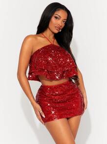 SHEIN SXY 春夏新年结婚季优雅浪漫情人节约会必备红色亮片吊带露背荷叶边结构上衣和褶皱迷你裙两件套 - 紅色 - 查看 5