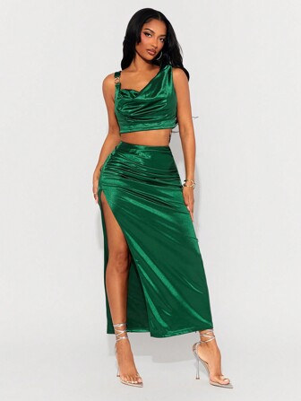 SHEIN SXY Spring And Summer New Year Wedding Season Elegant Romantic Valentine Day Dating Essentials Green Satin Asymmetrical Swing Neck Halter Short Vest Top And High Waist Pleated High Slit Long Skirt Two-Piece Set