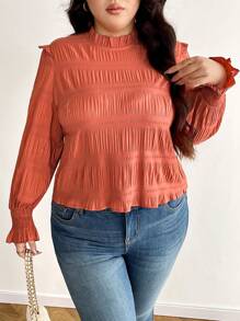 SHEIN Frenchy Plus Size Casual Simple School Style Solid Color Pleated Women Shirt, Blouse, New Spring Collection - Brown - View 8