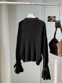 Comfortcana Women's Black Knit Sweater With Tie Cuffs, Mock Neck, Loose Fit For Casual And Everyday Wear