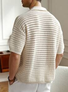 Manfinity Homme Men's Solid Color Front Button Short Sleeve Hollow Knitwear, Casual And Minimalist