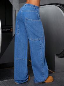 SHEIN ICON 女式前扣口袋简约休闲牛仔裤，日常穿着 - 藍色 - 查看 2