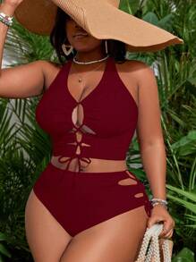 SHEIN Slayr CURVE Plus Size Solid Color Front Tie Bikini Top And Bottom Bikini Set Summer - Burgundy - View 5