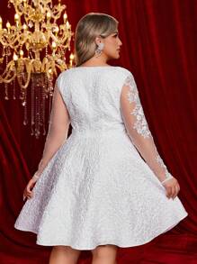Glamrae Abito da sposa elegante e romantico extra large, in jacquard bianco, con maniche lunghe trasparenti, decorazioni in applicazione, linea ad A ampia, adatto per ricevimento nuziale