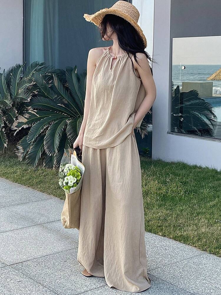 Women's Solid Color Sleeveless Hollow Out Top And Pants Casual 2 Pieces Set Linen