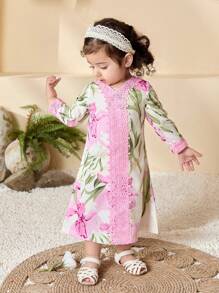 SHEIN Elegant Casual Daily Purple Iris Flower Lace Trim Long Sleeve Long Robe Dress For Baby Girl Infant Toddler 0-3 Years Old, Suitable For All Seasons - Purple - View 5