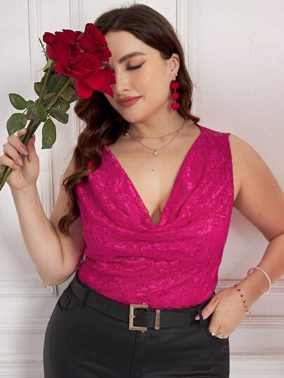 SHEIN Clasi Magenta Sleeveless V-Neck Lace Fabric Plus Size Women Camisole For Valentine's Day