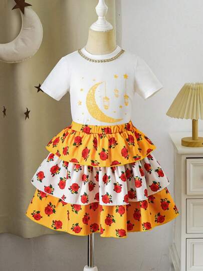 年轻女孩金色花朵 Abaya Kaftan Jalabiya 斋月斋月年轻女孩原住民服装，玫瑰与花朵印花长裙，带荷叶边领口和下摆，舒适针织，搭配荷叶边分层裙两件套