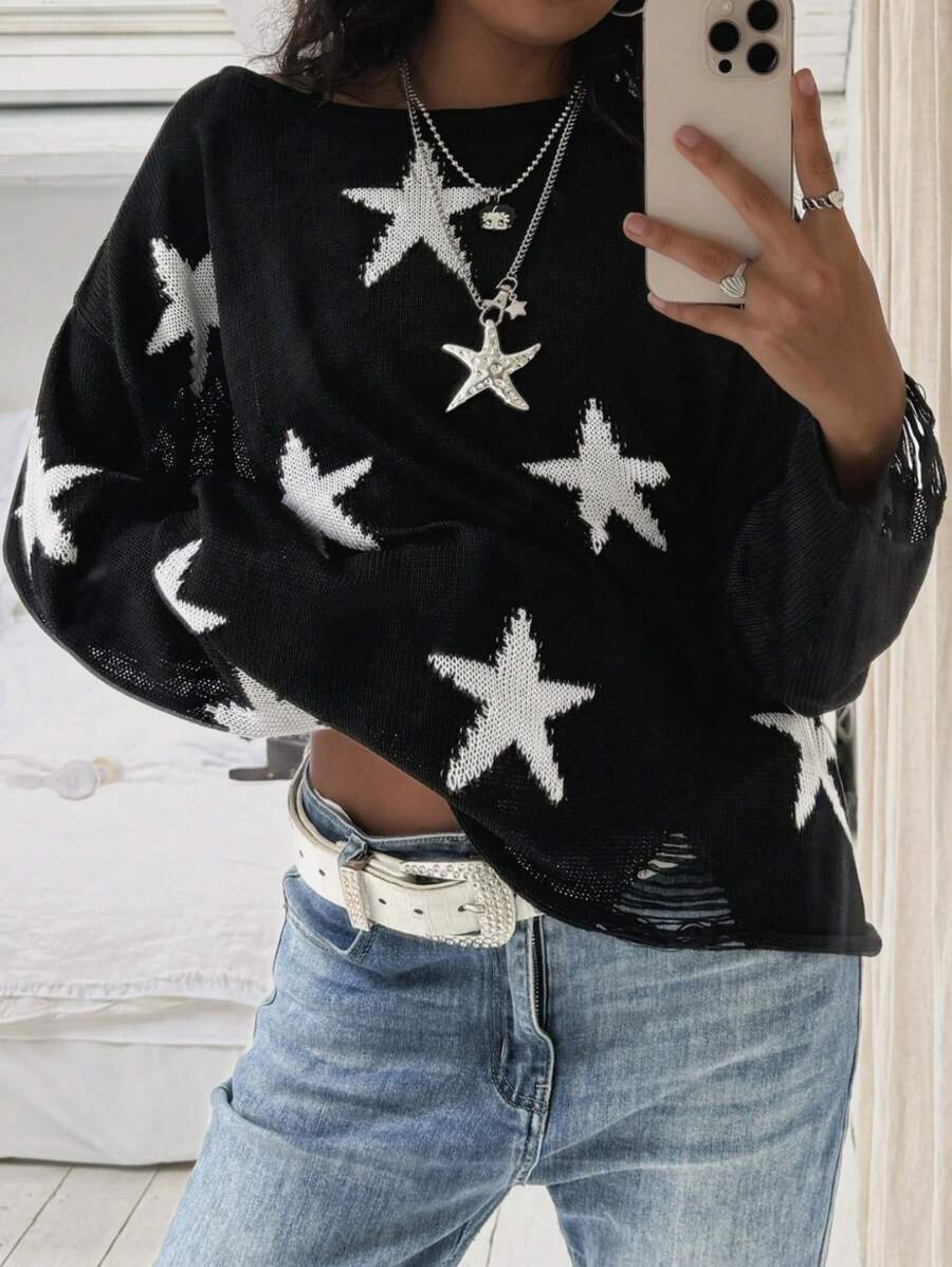 Women's Round Neck Long Sleeve Star Pattern Detail Minimalist Casual Pullover Sweater Knit Pullover Fall Winter - Black - View 1
