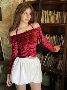 SHEIN Valentine's Day Youth Girls 2pcs Set Off Shoulder Velvet Ruched Long Sleeve Top And Bubble Shorts Casual Sweet Red Outfit