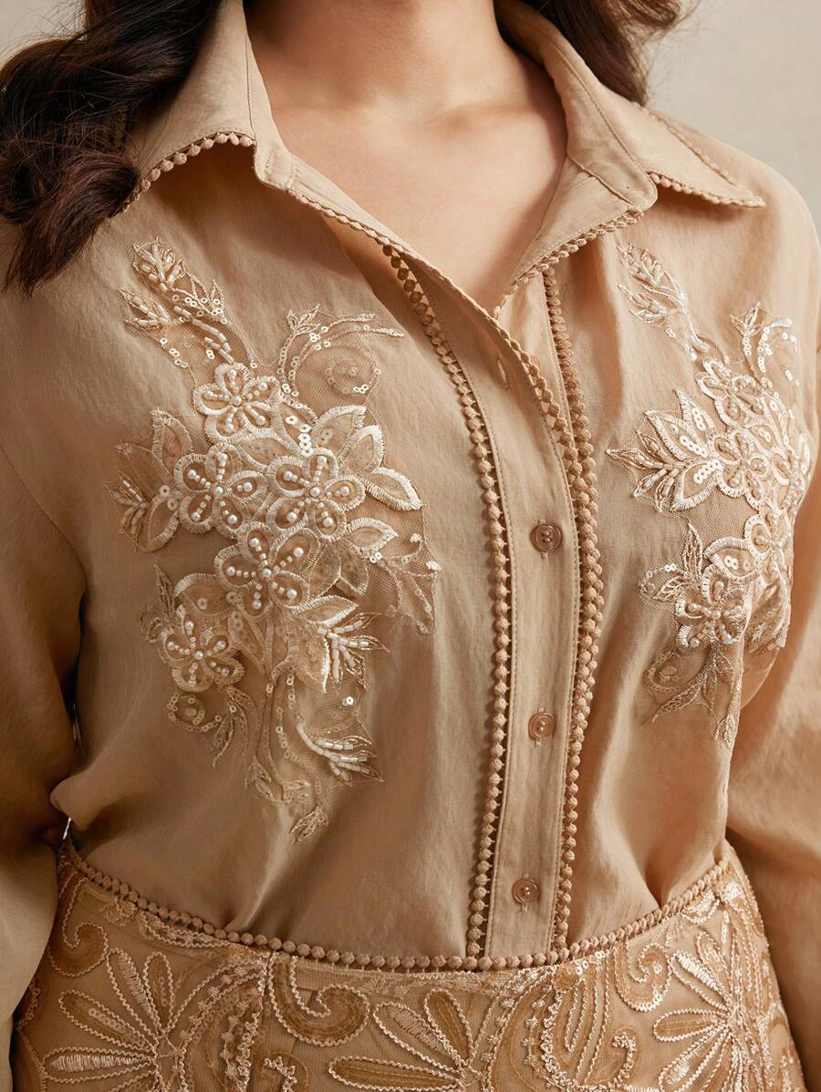 Anewsta Ensemble jupe et Top de grande taille, élégant, à manches longues, avec broderie florale et décoration de sequins, tenue parfaite pour la Saint-Valentin ou le Nouvel An - Kaki - Voir 1