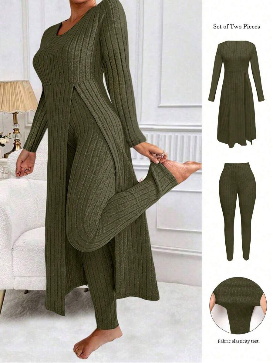 SHEIN LUNE Set de 2 piezas de Top de manga larga con cuello redondo acanalado y pantalones en tallas grandes, minimalista - Verde militar - Ver 1