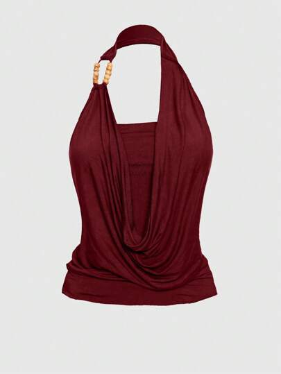 Grunge Punk Vintage Subculture Beaded Halter Neck Slim Fit Women Burgundy Tank Top