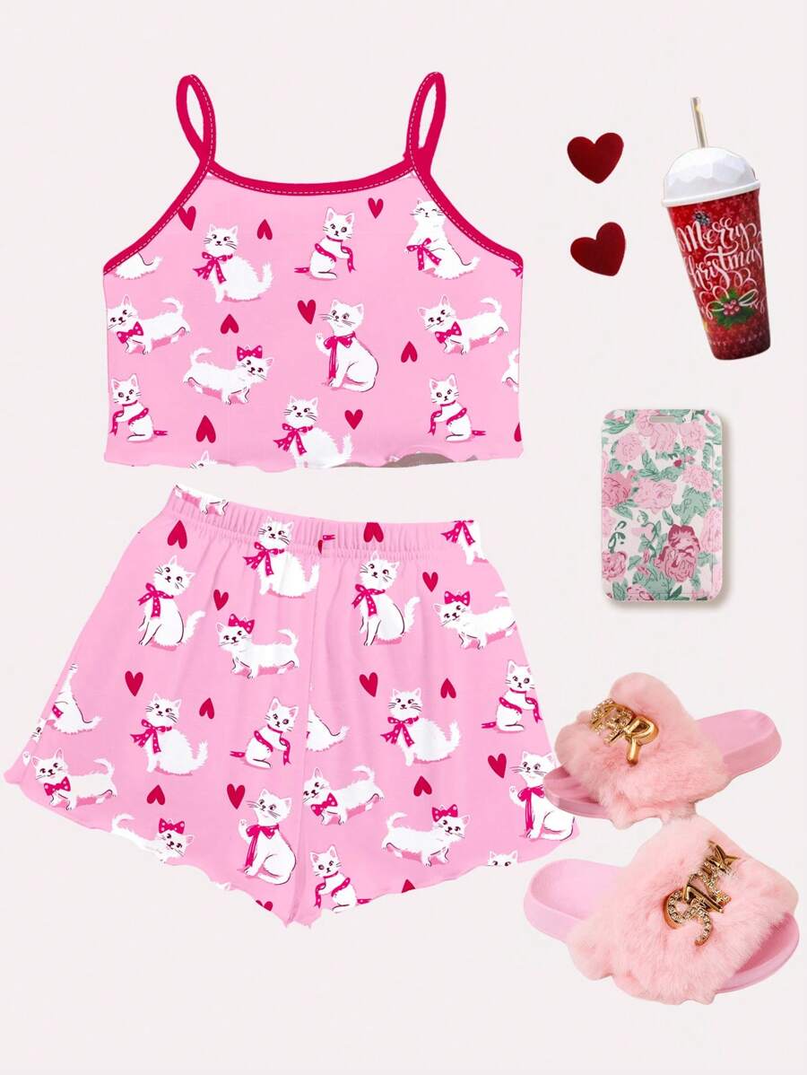 Cute Cat & Heart Print, Casual Slim Fit Pink Camisole Top And Shorts Pajama Set For Tween Girls, Suitable For Summer