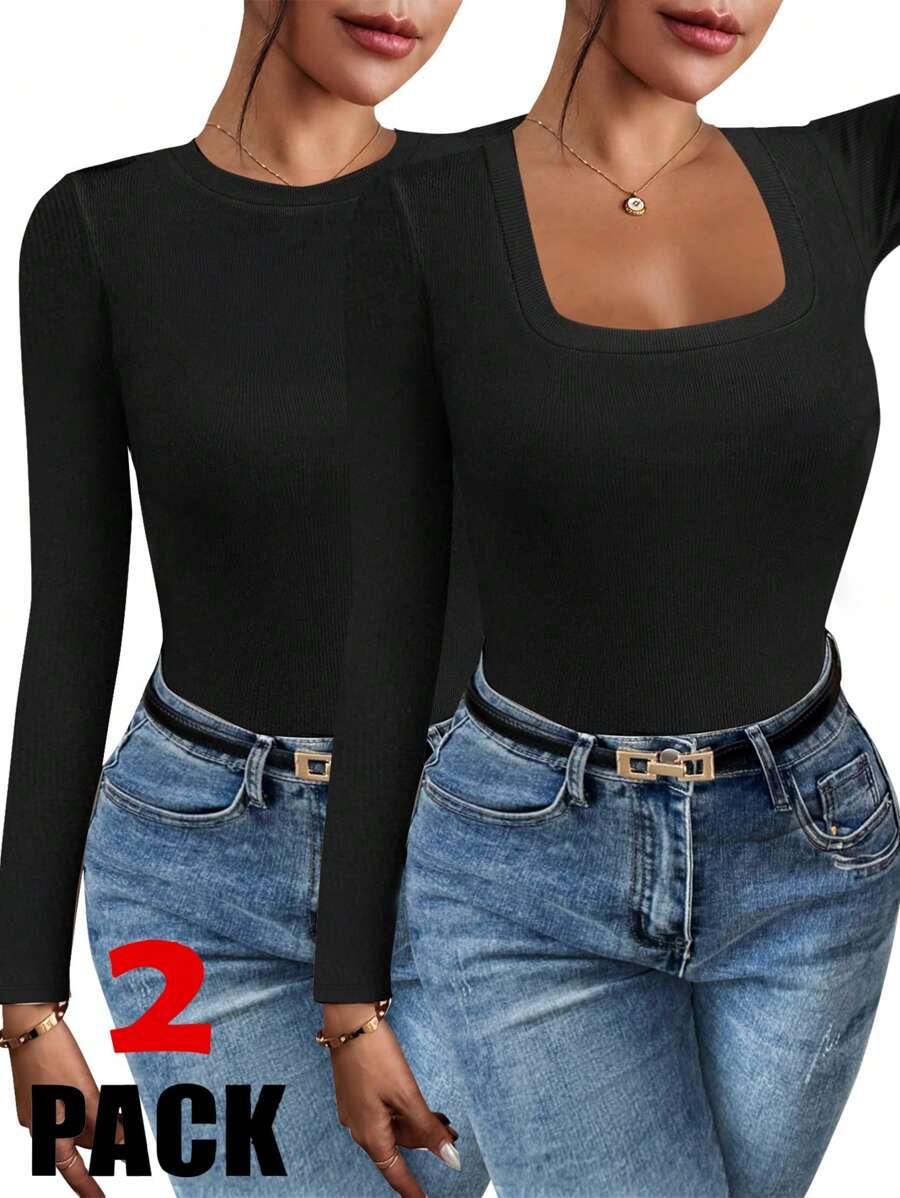 SHEIN Clasi Set de 2 tops de mujer, 1 de cuello cuadrado y 1 de cuello cuadrado de manga larga, color negro, conjunto casual de otoño/invierno