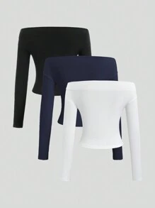 Sweetra Blusa holgada casual de unicolor con hombros descubiertos y manga larga, adecuada para vacaciones