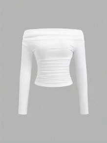 Sweetra Blusa holgada casual de unicolor con hombros descubiertos y manga larga, adecuada para vacaciones