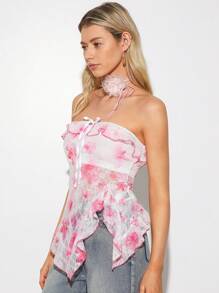 SHEIN EZwear Valentijnsdag Bloemenkant Strik Decor Asymmetrische Zoom Mode Bandeau Top Voor Lente/Zomervakantie