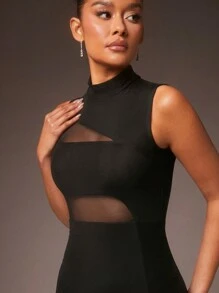 L'Amorae Elegant Sexy Mock Neck Mes Panel Bodycon Valentine's Day Midi Dress With Slit