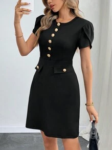 SHEIN Clasi 女士优雅金属纽扣装饰圆领腰部收口贝壳袖短款连衣裙，春夏 - 黑色 - 查看 5