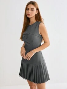 SHEIN X JIMENA & MATEO Enchnt Winter/lente romantische dames grijze strik ronde hals mouwloze geplooide zoom korte jurk, lief voor Valentijnsdag & kerstfeest & nieuwjaar & verjaardag & vakantie outfit & lief date night & dagelijks woon-werkverkeer, jurk