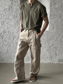 DAZY Summer Men's V-Neck Textured Fabric T-Shirt In Green - Green - View 4