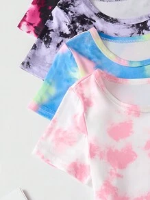 Bộ 2 món/bộ áo thun và quần dài in họa tiết nhuộm loang cổ tròn tay ngắn cho bé gái, kết hợp nhiều màu, phù hợp cho mùa xuân/hè - Nhiều màu - Xem 4