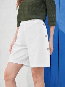 EMERY ROSE Women's Casual Country Style Button Linen Shorts, Summer - White - View 7