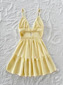 Soleia Váy đỏ hở lưng cổ chữ V giản dị cho kỳ nghỉ - Màu vàng - Xem 2